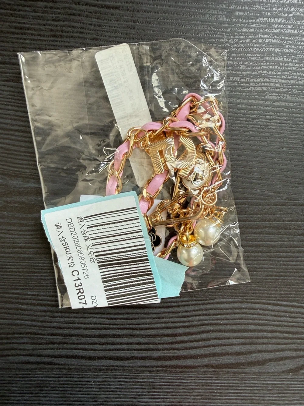 Gold & Pink #5 Charm Phone Chain with Pearls and Floral Accents
